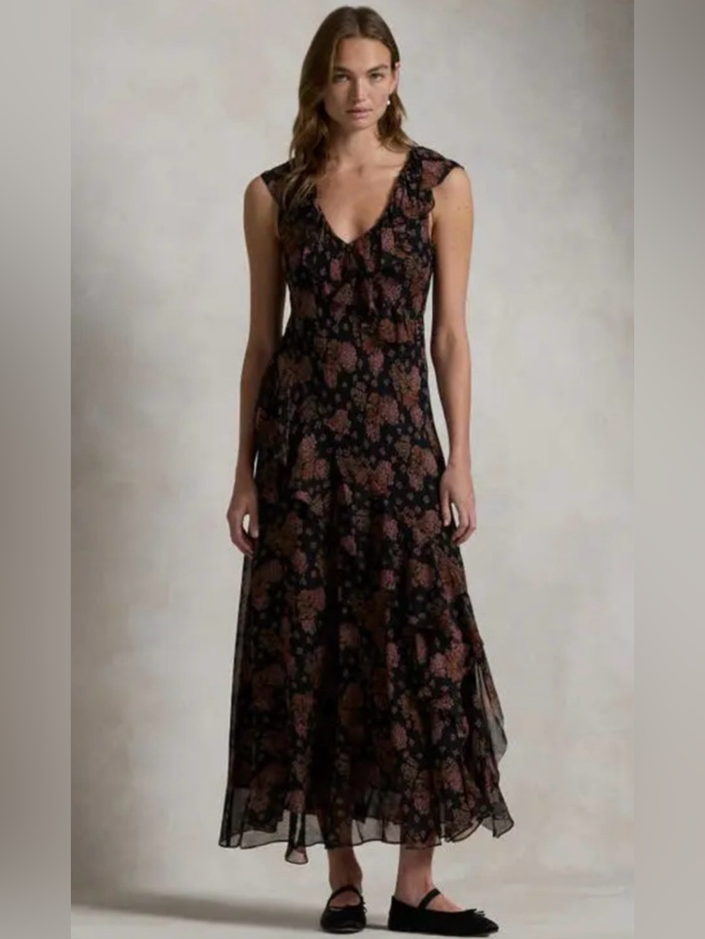 Polo by Ralph Lauren, Floral Ruffle-Trim Georgette Maxidress, Size 4, NWT